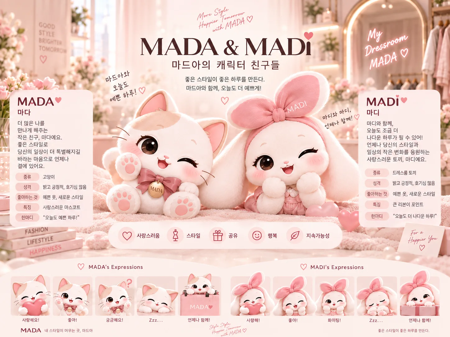 MADA 고양이 마다와 MADI 토끼 마디의 캐릭터 소개와 다양한 표정 콘셉트