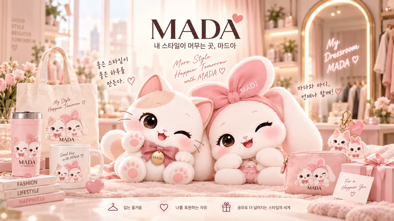 마드아 공유드레스룸에서 함께하는 고양이 캐릭터 마다와 토끼 캐릭터 마디, MADA 굿즈 콘셉트